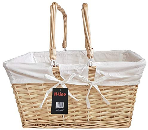H-LINE Traditional Split Willow Shopping Basket with Folding Handles Vintage Storage Wicker Christmas Hamper (Brown, Rectangular)