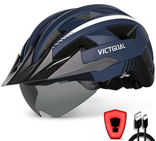 VICTGOAL Bike Helmet with USB Rechargeable Rear Light Detachable Magnetic Goggles Removable Sun Visor Mountain & Road Bicycle Helmets for Men Women Adult Cycling Helmets (L: 57-61 cm, Navy Blue)