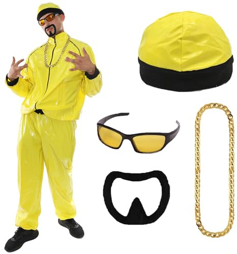 90s Celebrity Costume - Adults Yellow & Black Shell Suit + Matching Hat + Sunglasses + Gold Chain + Black Goatee - Funny Rapper Halloween Stag Do Fancy Dress Costume (Size: Small)
