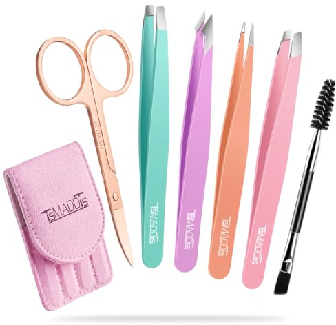 TsMADDTs 6 pcs Tweezers Set for Women, Eyebrow Tweezers with Curved Scissor for Ingrown Hair, Hair Plucking Daily Beauty Tools with Leather Travel Case