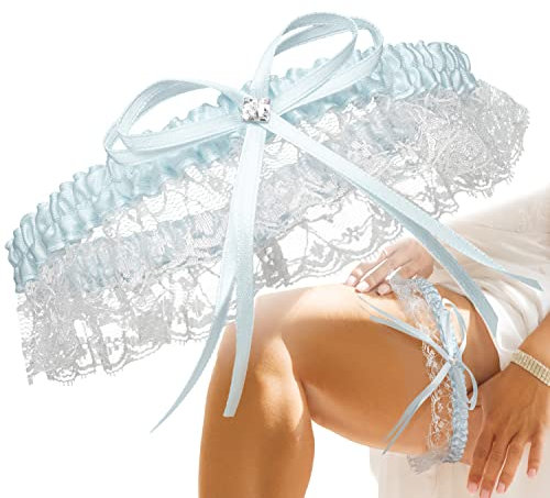 JK Trade® L-XXXL Premium Braut Strumpfband in Blau für Hochzeit, Band verziert mit Spitze, Schleife und einem edlen filigranen Glitzer-Stein, 100% Handgefertigt (Hellblau)