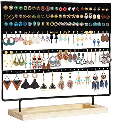 GPUSFAK Earring Holder Organizer Stand - Earrings Display Rack 145 Holes Jewelry Holder Tower with Wooden Tray for Earrings Rings Black
