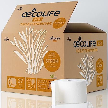 oecolife Toilettenpapier Box STROH, 3-lagig, 27 Rollen á 250 Blatt, Großpackung, superweich, plastikfrei verpackt, vegan, nachhaltiges Klopapier