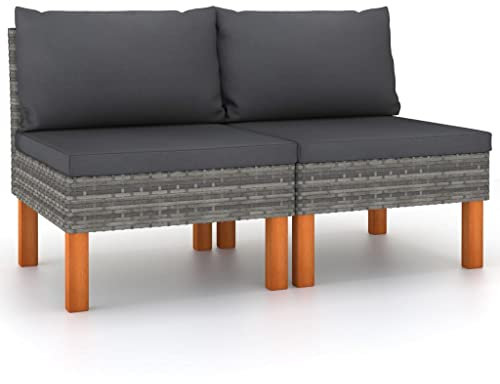 FIRBNUS Mittelsofas 2 STK. Poly Rattan und Eukalyptus Massivholz Gartensofa Balkon Sofa Outdoor Sofa Rattan Sofa Gartensofa Wetterfest Balkonmöbel Holz Gartenmöbel für Draußen Gartenmöbel Holz