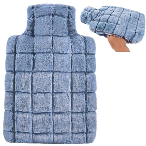 OWOZOI Wärmflasche mit Bezug Flauschig, Kuschelig Wärmflaschen mit Tasche Fellbezug für Hände, 2L Groß Naturkautschuk Gummi Wärmeflasche, Bettflasche für Erwachsene, Handwärmer, Blau