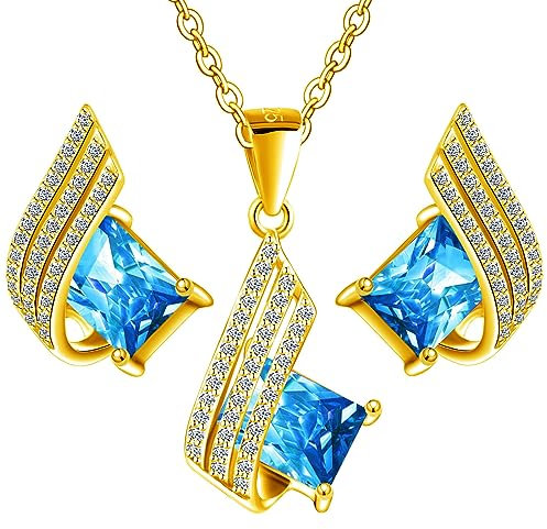 4 Farben Ohrringe mit Halskette Silber 925 Damen Set Vergoldet 24 K - Hochwertige Österreichische Kristalle und Zirkone - Schmuck Kette damen - Ohrringe Set mit Halskette (Aquamarine)