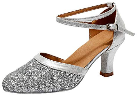 Women's Dance Shoes with T-Strap Ankle Strap Closed Toe Glitter Synthetic Evening Wedding Tango Ballroom Modern Latin Patent Heel High Heels Dance Shoes, Zsilber3, 6 UK
