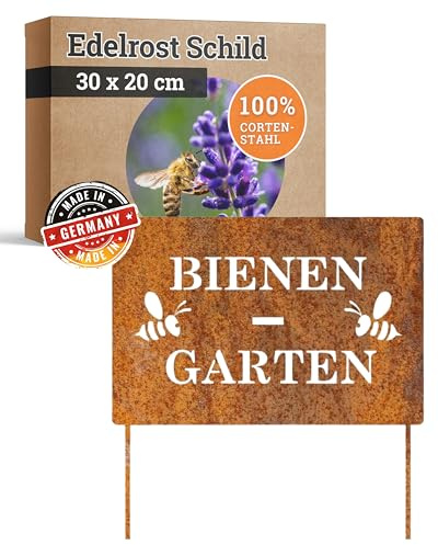 Feuerfest 123 GmbH Deko-Schild Bienen-Garten I 30x20 cm I Stilvoller Gartenstecker aus robustem 1 mm Cortenstahl I Hochwertige Edelrost-Gartendeko I Langlebiges Garten-Schild aus präziser Handarbeit