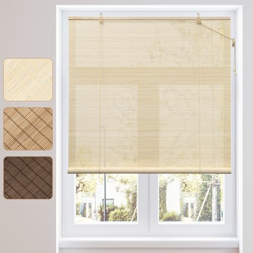 WOLTU Estores de Bambú, Persianas Enrollables para Exterior e Interior, Cortina de Bambú Natural, Estor Transpirable de Puertas o Ventanas, Protección Solar y Privacidad, Natural, 110x220 cm
