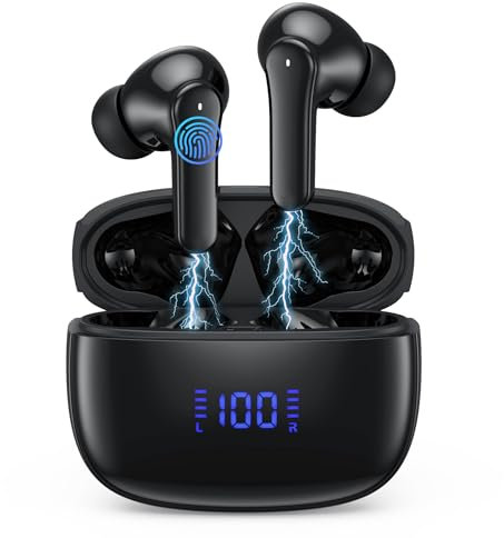 Auriculares Inalámbricos Bluetooth 5.3, 2024 HiFi Estéreo Con 4 ENC Cancelación Ruido, 50H, Dual LED Pantalla, IP7 Impermeable, Deportivos in Ear