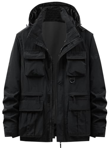Dmmtot Chaqueta para hombre al aire libre con múltiples bolsillos, casual, color sólido, con cremallera, multifuncional, desmontable, manga larga, con capucha, cortavientos, chaqueta de combate,