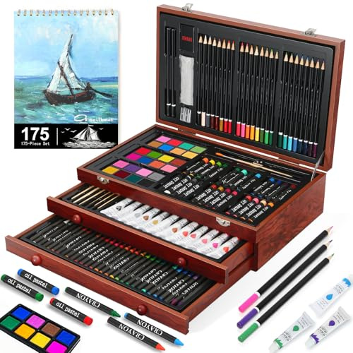 MIAOKE 175 Piece Art Set, Art Supplies in Wooden Case, Contains Sketchbook, Acrylic Paint,Crayons, Colored Pencils, Great Gift for Kids and Art Beginners