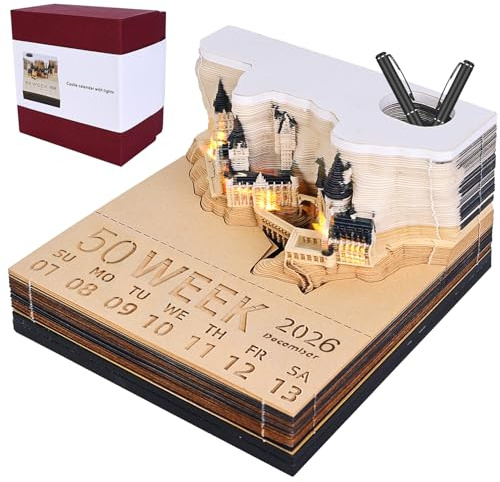 Bloc de notas 3D, calendario de mesa 2025, calendario 3D, calendario 2025, calendario 3D, calendario semanal de castillo mágico con luz y soporte para bolígrafo, escultura de papel, regalo, notas de