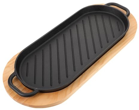 iplusmile Placa De Hierro Fundido Para Bistec Con Bandeja De Madera Antideslizante Superficie Lisa y Resistente Para Restaurante y Cocina Doméstica