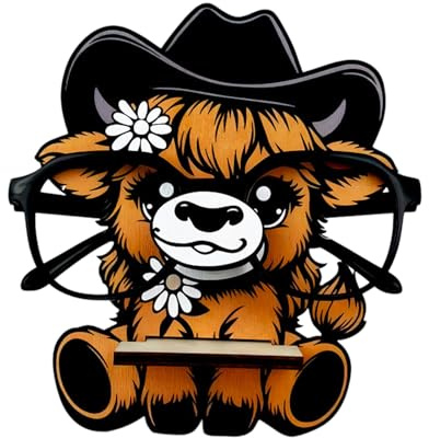 Highland Cow Glasses Holder – Glasses Holder Stand | Cute Wooden Highland Cattle Eyeglasses | Sunglass Stand | Animal-Shaped Desktop For Home, Office, And Decoration | Eyewear Organizer