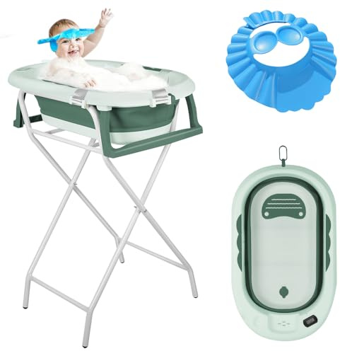 OHMG Vasca da Bagno per Bambini Pieghevole con Piedi, Grande Vasca XXL con Supporto, Termometro 2.0, Seggiolino e Kit di Drenaggio, Vaschetta per Neonati, Ideale per la Doccia, Dalla Nascita a 3 Anni