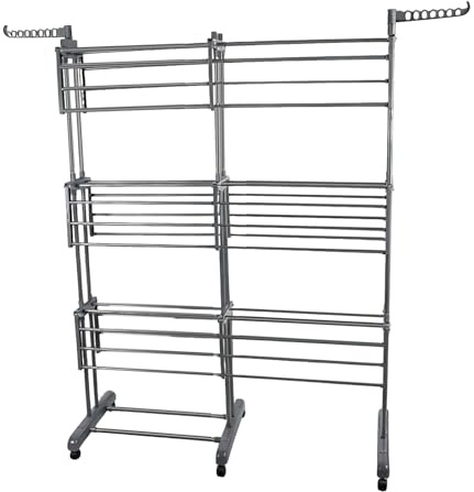 Étendoir Linge Intérieur - Grande Capacité Tour de Séchage Pliable, Pieds Rabattables- Séchoir à Linge Extensible en Acier Inoxydable - Format Familial,49 x (75-132) x 170 cm (Gris + Tuyau gris)
