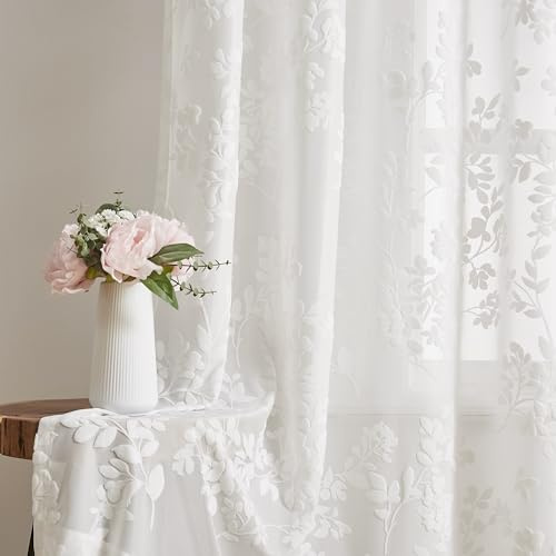 Treatmentex Cortinas Blancas con Estampado de Hojas con Ojales, 140x245cm