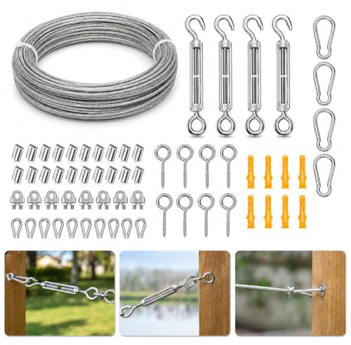 63 Piezas Cable Acero Juego Tensores, Cable de Acero Inoxidable 30M 2mm