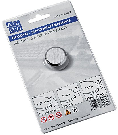 Alco-Albert 7028A27 superkraftmagnet, borstad, diameter 25 mm, 13 kp, silver, 1 st.
