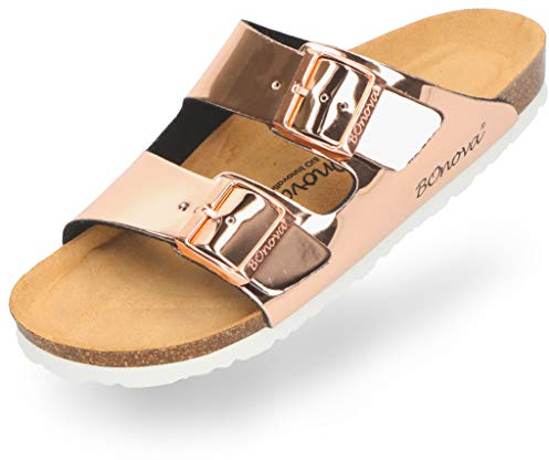 BOnova Schwanberg Damen Mirror rosegold in Größe 39. Sommersandale mit Kork-Fußbett. Hausschuh für das ganze Jahr. Hergestellt in der EU.