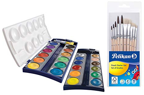 Pelikan Unisexe Jugend 720631 K24 Lot de 24 Couleurs de qualité et 1 Tube de Blanc Opaque (7,5 ML), Conforme à la Norme DIN 5023 (boîte de Peinture couvrante + Jeu de 10 pinceaux), Multicolore