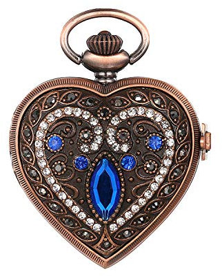 JewelryWe Taschenuhr Damen Vintage Analog Quarz Herz Grün Strass Augen Blumen Muster Uhr mit Halskette Kette Pocket Watch