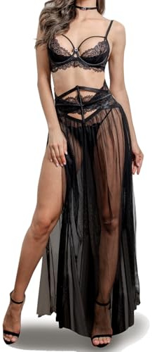 LOVE YOU SEXY Damen-Dessous-Set aus Spitze, Spitzen-BH und Gürtel mit langem, transparentem Netzkleid, Nachthemd mit G-String, 4-teiliges Dessous-Set, Schwarz 70B
