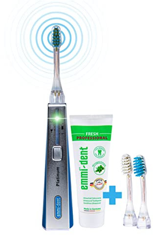 emmi-dent Platinum Ultraschallzahnbürste (Starter-Set Blau) – 96 Mio. Schwingungen & Ultraschall-Zahnpasta | Sanft zu Zähnen & Zahnfleisch | Kein Schrubben | Bis zu 15 Tage Akkulaufzeit