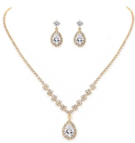 Unicra Rhinestone Necklace Earrings Set Gold Bridal Wedding Jewelry Sets Prom Bridesmaids Costume Jewelry Set for Women and Brides (Gold)