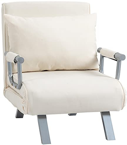 HOMCOM Poltrona Letto Singolo 3 in 1 con Schienale Reclinabile su 5 Livelli e Cuscino, Divano Letto Singolo Pieghevole per Soggiorno e Salotto in Pelle Scamosciata e Acciaio, 65x69x80 cm, Crema