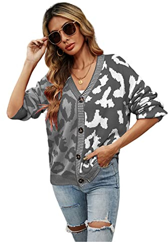 HEYPORK Damen Herbst Winter Warm Bequem Jacke Casual Mode übergangsjacke Mantel Frauen Pullover Leopardenmuster Patchwork Strickjacke Knopfleiste Strickpullover(Grau, M)