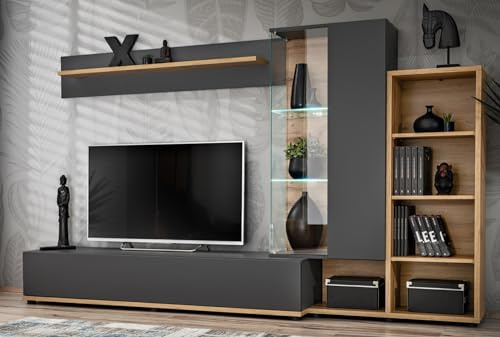 ARREDO DA CASA Parete Attrezzata Soggiorno con Vetrina e Ripiani Illuminati con Luci LED 1 Mensola 5 Ripiani Mobile Porta TV Moderno Disponibile in 2 Colori PAP147 (Rovere e antracite)