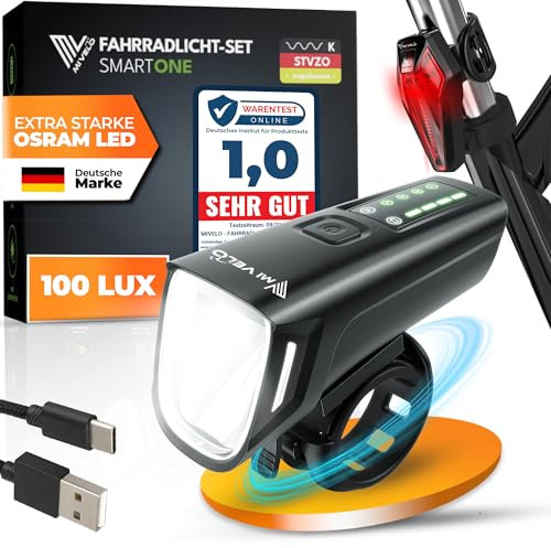 MIVELO SMART Fahrradlicht Set 100LUX, 2000mAh Power-Akku, Auto-Sensor, StVZO zugelassen, USB aufladbar & wasserdicht, Fahrradlampe vorne & Fahrrad Rücklicht, LED Fahrradbeleuchtung, Energieklasse A+++