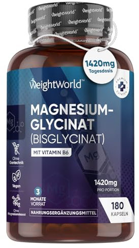 Glicinato de Magnesio 1420mg con Vitamina B6-180 Cápsulas Veganas que Aportan 200mg de Magnesio Puro - 3 Meses de Suministro, Sin OGM, Sin Gluten y Sin Lactosa