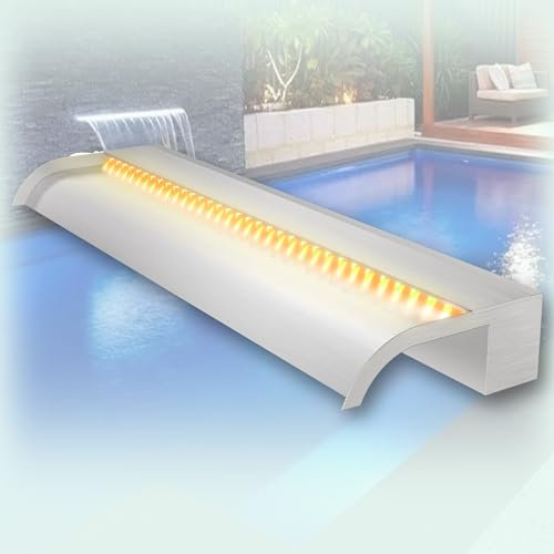 Longrun Kit de Cascada de Piscina de 90 cm, Fuente de Estanque de Acero Inoxidable 304, con luz LED RGB Bluetooth, Ancho 25,5 cm