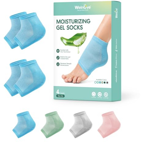 Welnove Feuchtigkeitsspendende Fersensocken – 2 Paar mit Aloe Vera-Extrakt angereichertes Gelfutter für trockene Füße – Reparaturbehandlung für rissige Fersen(extra große Größen)