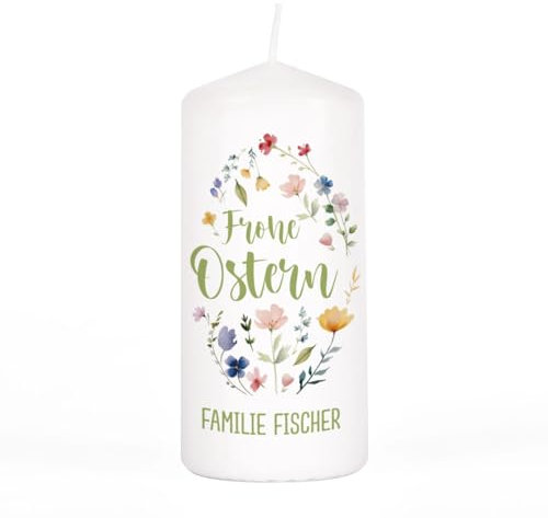 Herz & Heim® Osterkerze als Osterdeko oder Ostergeschenk mit Namensaufdruck (Frohe Ostern Blumen)