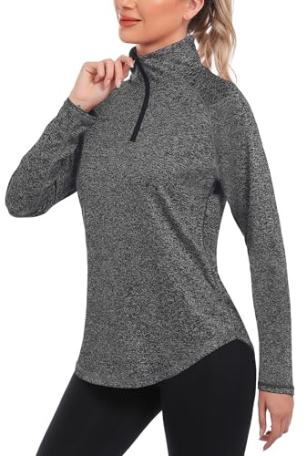 iClosam Womens Long Sleeve Tops 1/4 Zip Polo Shirts UPF 50+ Running T-Shirt Quick Dry Gym Sports Workout Cycling Golf Tops Dark Gray