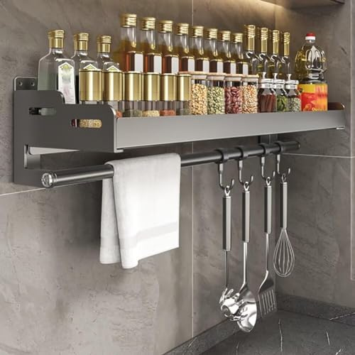 Dreamhousey Portaspezie da Cucina in Ferro, Portaspezie da Appendere a Parete, Utensili da Cucina a Parete, Mensola Organizzatore per Olio, Sale e Spezie (Nero, Lunghezza 40 cm)