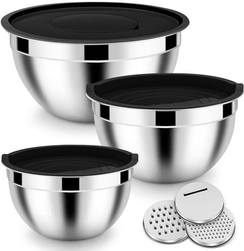 Homikit Rührschüssel, 3-teilig Edelstahl Schüssel Salatschüssel Set mit Luftdichtem Deckel & 3 Reibenaufsätzen, Schwarz Schüsselset zum Mischen Verrühren, 1,6L / 2,8L / 4,6L, Stapelbar