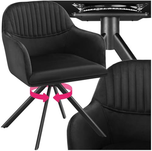 tectake® Esszimmerstuhl drehbar, Armlehnstuhl drehbar, ergonomischer Stuhl Samt, Stühle für Esszimmer, Möbel für Wohnzimmer, Arbeitszimmer, Esstisch, Schminktisch - schwarz/schwarz