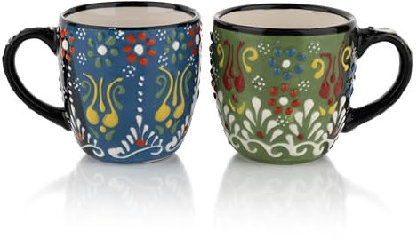 Espresso Cups Set of 2 | 4 oz Small Espresso Cups | Turkish Tea Cups | Demitasse Mugs with Handle | Modern Stackable Ceramic Espresso Mugs Set (Green/Blue)
