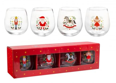 UNIQUE HOME LIVING Tumbler Glasses Set of 4, Christmas-Themed Drinking Glasses for Water Juice Scotch Cocktails Whiskey, Decorative Glassware - 450ml