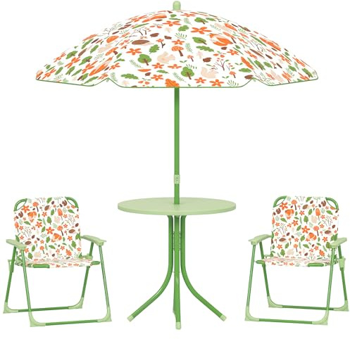 AIYAPLAY Children Table and Chair Set Kids 2-5 Adjustable Parasol Green | 2 Folding Chairs, Picnic Table, Rainbow Pattern Outdoor Patio Set