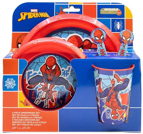 Set de vaisselle réutilisable pour enfant 5 pièces : gobelet, assiette, bol et couverts Spiderman