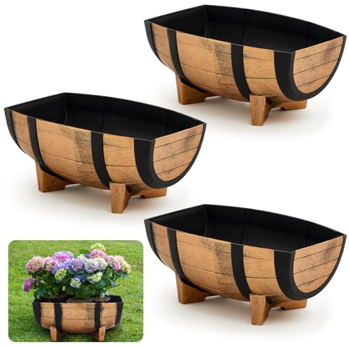 Set of 4 Whiskey Barrel Planters Half Barrel Planter with Removable Drain Screen Plant Flower Pot Weather Resistant Plastic Wine Planter Containers for Indoor Outdoor Garden, 16.14 x 11.8 x 7.28 Inch