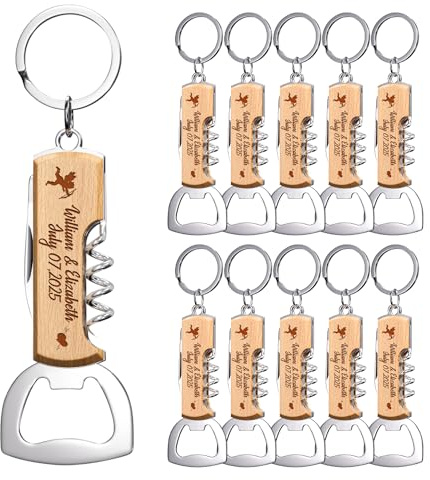 10 Piezas Abrebotellas Multifuncionales de Madera Personalizados, Regalos con Grabado para Bodas, Cumpleaños y Eventos - Llaveros Únicos para Invitados