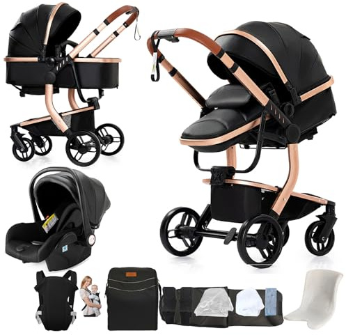 Nine point nine PU-Leder Kinderwagen 3 in 1, Kinderwagen Set mit Umkehrbarem Doppelschiebemodus, Kombikinderwagen 3 in 1 Bequemer Babywanne, Kombikinderwagen Rahmen Aluminiumlegierung (L518 Black)