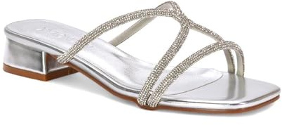 ESSEX GLAM Women's Strappy Heeled Mule Ladies Low Block Heel Sparkly Jewel Diamante Square Toe Slider Mule Size 3-8